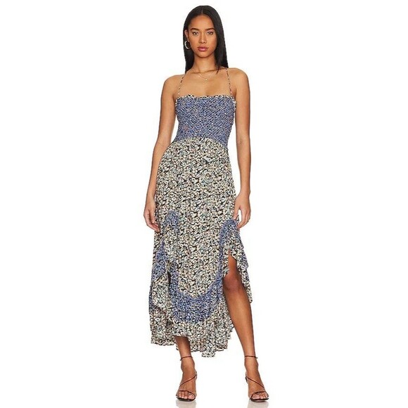 Free People One I Love Floral Maxi Dress Women’s Sz M Denim Combo Ruffle Hem - Picture 1 of 15